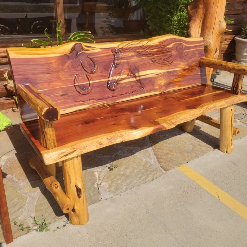 Outdoor Bench Rustic Log Patio Furniture Horse Carving Horseshoe