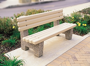 Outdoor Bench: Slatted Synthetic Seat on Aggregate Concrete Base