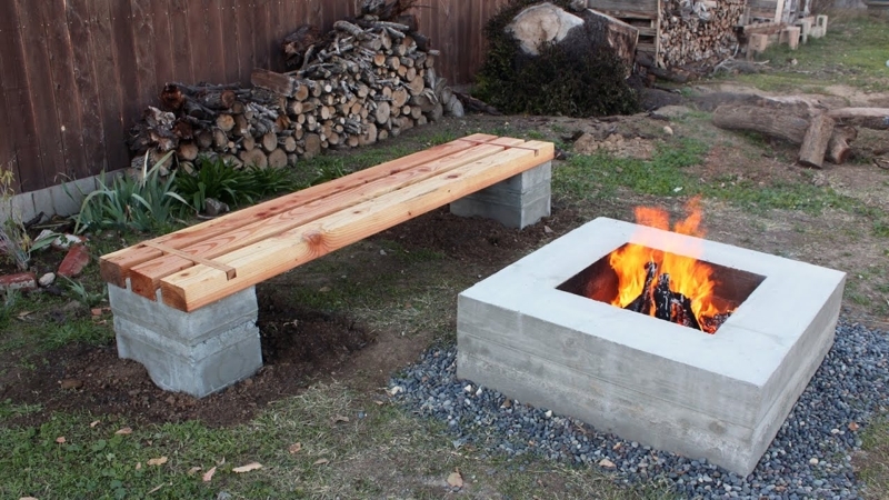 Outdoor Bench Timber Plank Seat Cinder Block Base Industrial