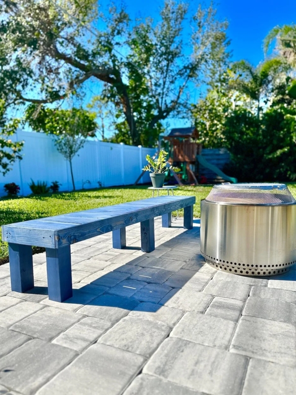 Outdoor Bench with Blue Stained Finish and Chunky Block Legs