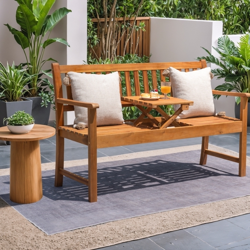 Outdoor Bench with Integrated Folding Pop-Up Table and Slatted Seat