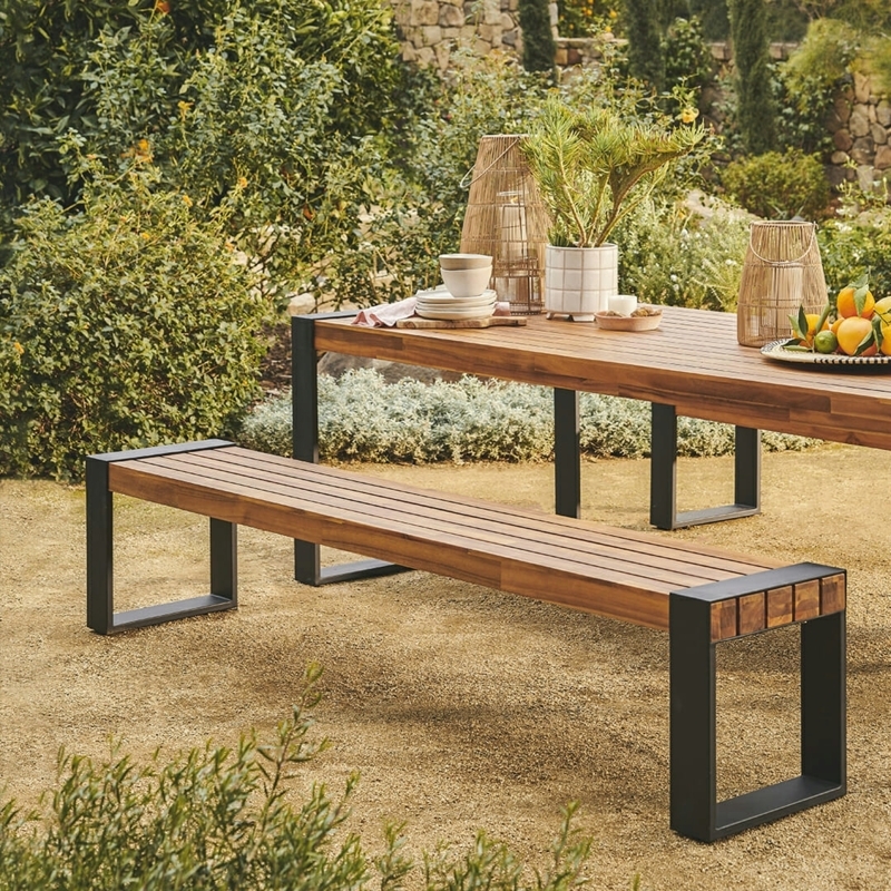 Outdoor Bench with U-Shaped Legs, Matte Black Frame & Wood Slats