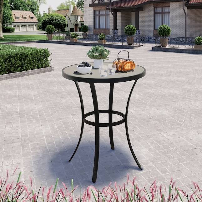 Outdoor Bistro Table Curved Flared Legs Ceramic Tile Top Stone Grey