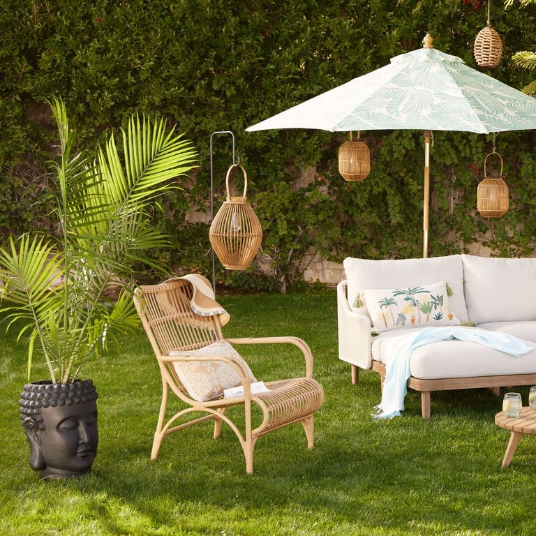 Outdoor Chair All Weather Resin Wicker Slatted Weave Honey Tan Boho