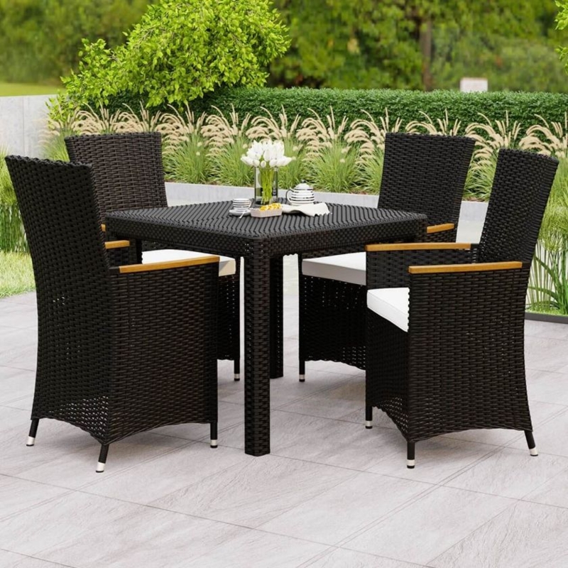 Outdoor Dining Armchair Black Wicker High Back White Cushion Wood Caps