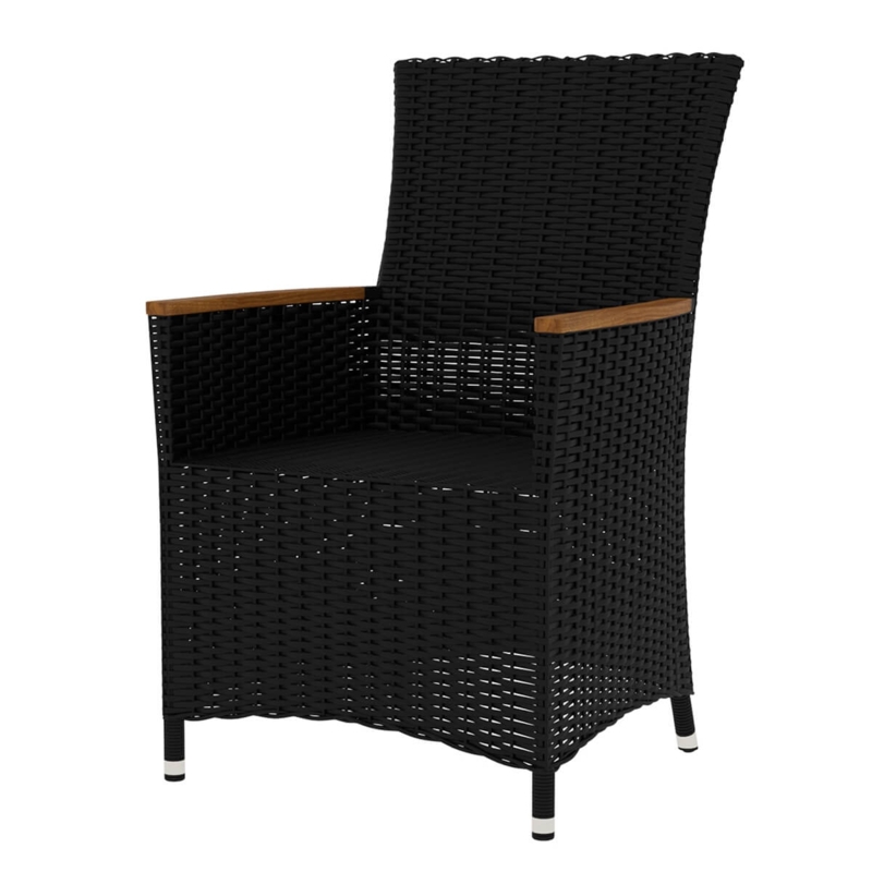 Outdoor Dining Armchair Wicker Black Wood Toned Armrests High Back