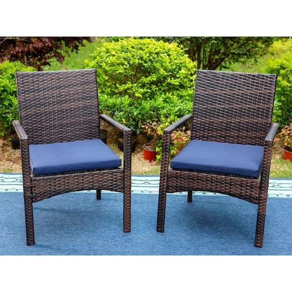 Outdoor Dining Chair Espresso Rattan Navy Blue Cushions Square Back
