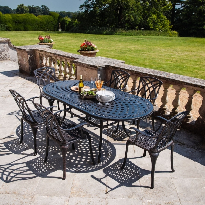 Outdoor Dining Set Antique Bronze Oval Lattice Six Seater Scrollwork