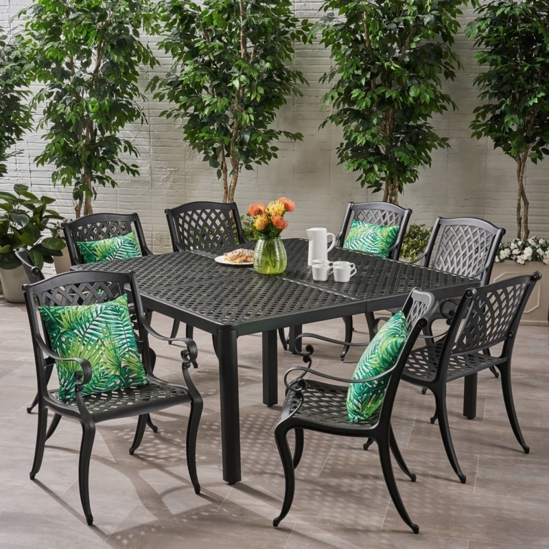 Outdoor Dining Set Matte Black 9-Piece Rectangular Lattice Mesh Top