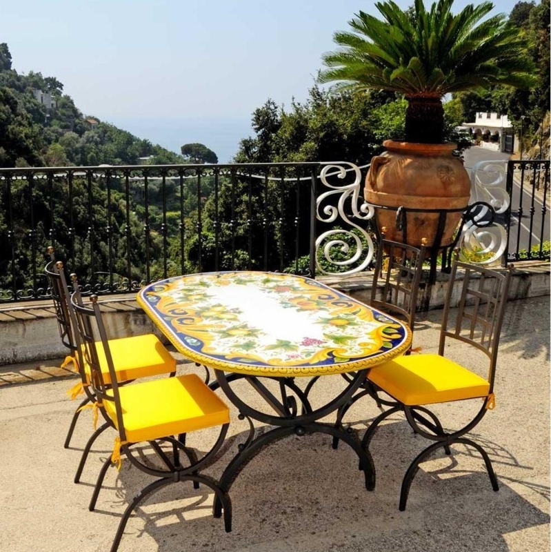 Outdoor Dining Set Oval Majolica Pattern Hand Painted Top