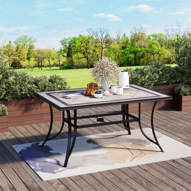 Outdoor Dining Table Rectangular Top Tile Inlay Curved Splayed Legs