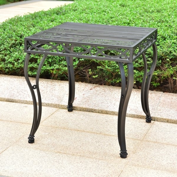 Outdoor End Table Scrolled Apron Slatted Top Charcoal Grey
