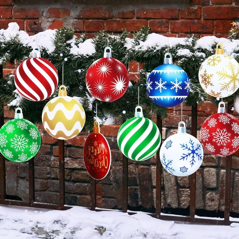 Outdoor Ornaments: Flat bauble cutouts, snowflake patterns, stripes.