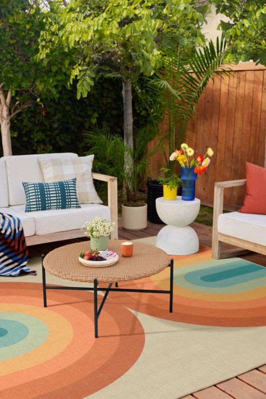 Outdoor Rug Concentric Arch Pattern Mid-Century Modern Teal