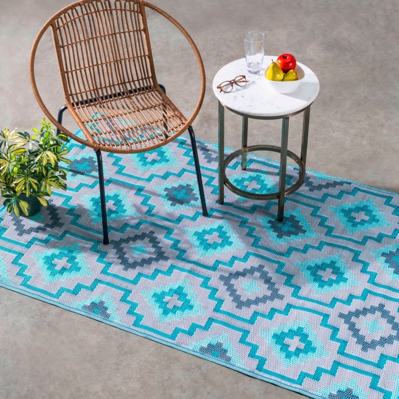Outdoor Rug Geometric Aztec Pattern Teal Colorway Woven Texture
