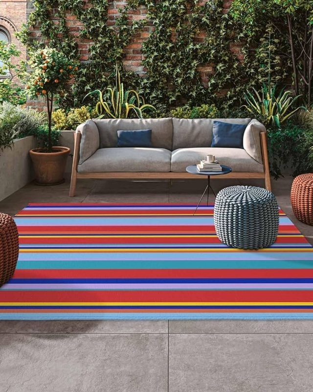Outdoor Rug Horizontal Stripes Vibrant Low Pile Weather Resistant