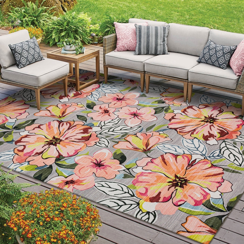 Outdoor Rug Modern Botanical Line Art Leaves Blush Pink Gray