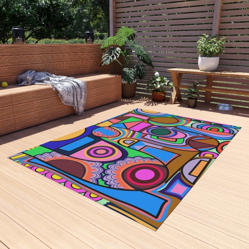Outdoor Rug Pop Art Pattern Geometric Motifs Black Outlines