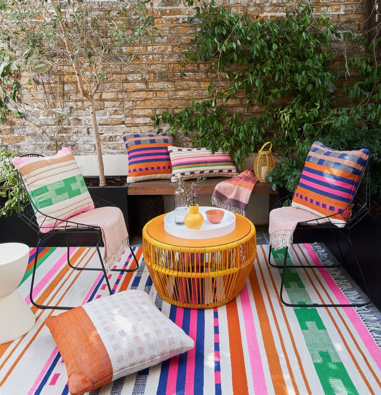 Outdoor Rug Recycled Plastic Fringed Trim Geometric Accents Boho