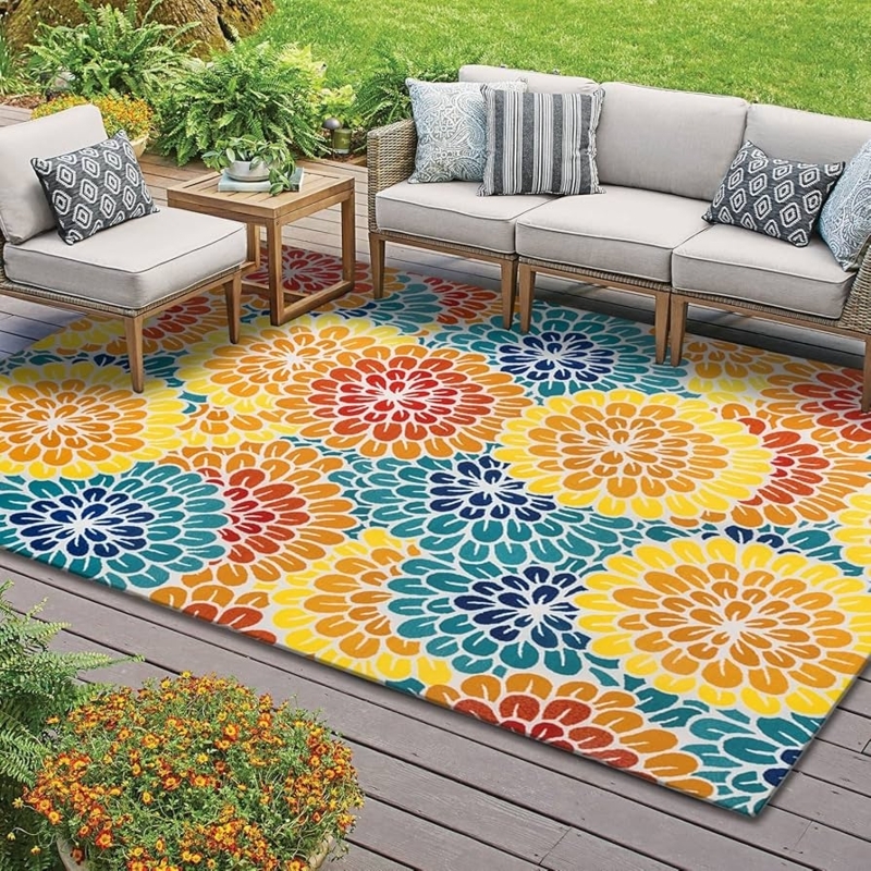 Outdoor Rug Vibrant Floral Mandala Flatweave Patio Carpet