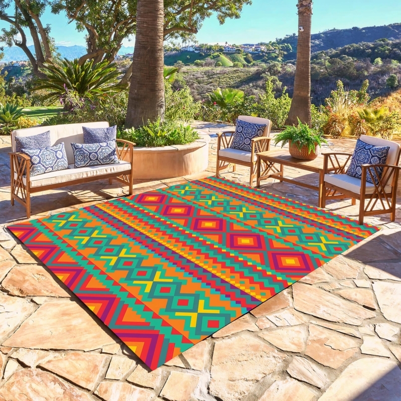 Outdoor Rug Weatherproof Geometric Diamond Pattern Tribal Motifs