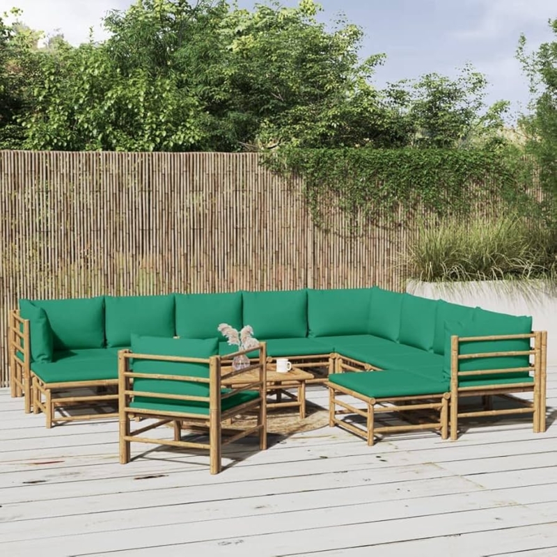 Outdoor Sectional Set Bamboo Modular L Shaped Emerald Green Cushions