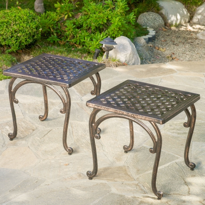 Outdoor Side Table Lattice Weave Top Antique Bronze Scrolled Legs