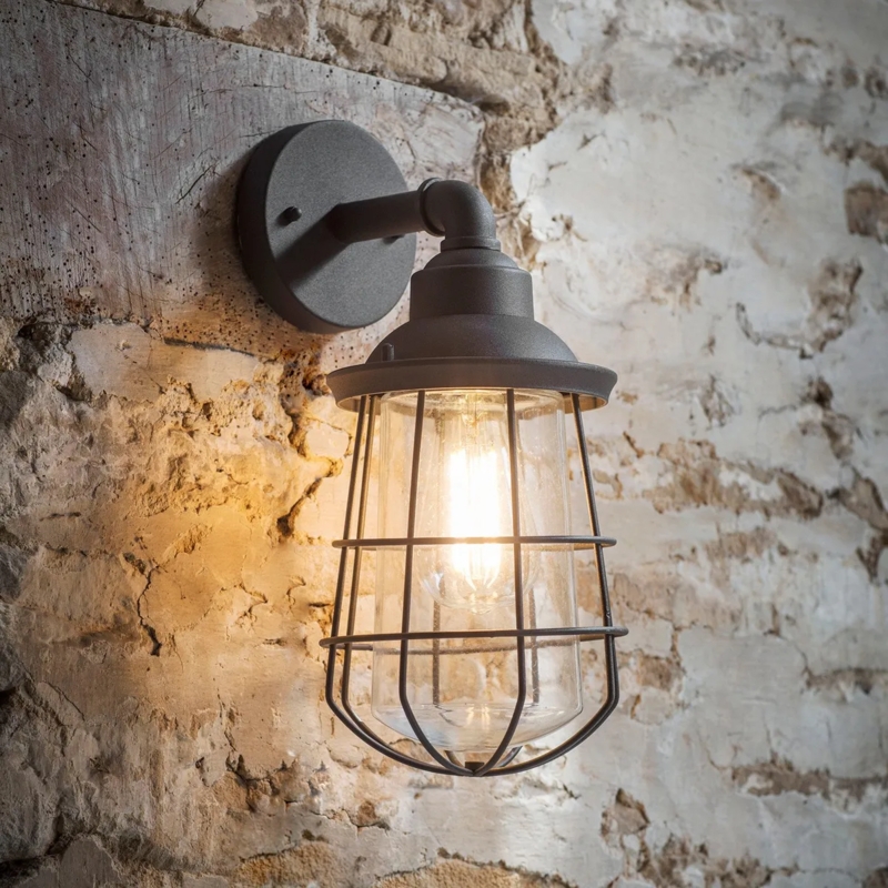 Outdoor Wall Light with Wire Cage and Industrial Gooseneck Arm