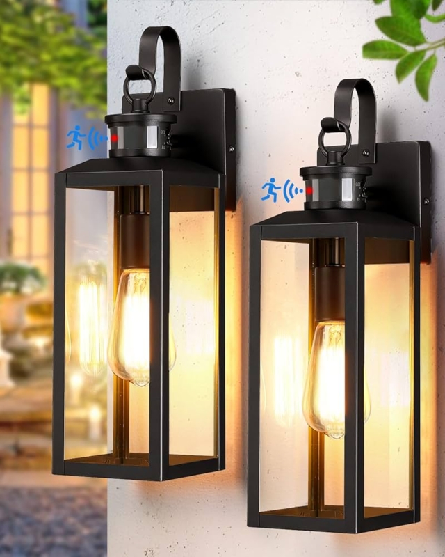 Outdoor Wall Sconce, Black Motion Sensor Porch Light with Dusk to Dawn