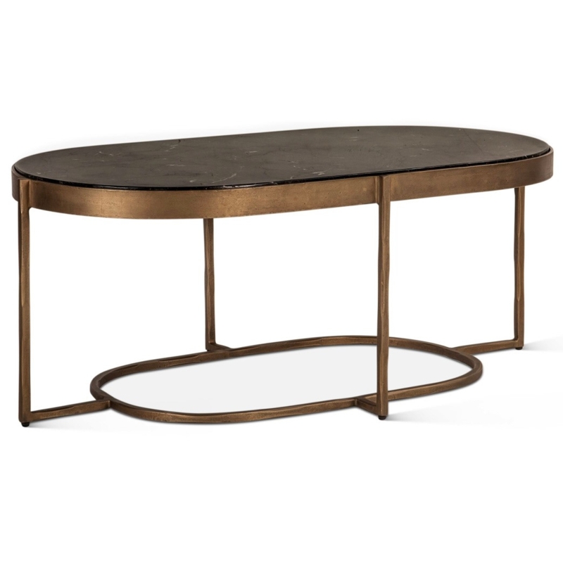 Oval Black Marble Coffee Table Antique Brass Stretcher Base