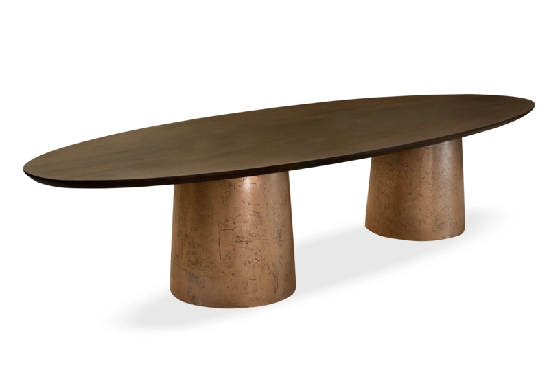 Oval Dining Table with Twin Pedestals and Lacquered Quartz Top