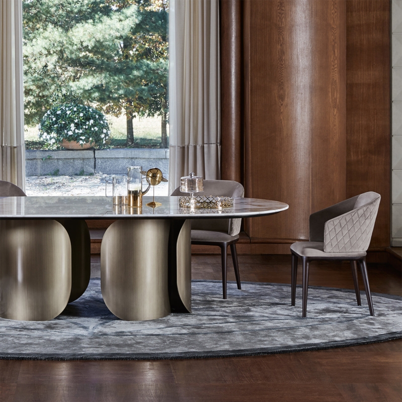 Oval Marble Dining Set with Calacatta Oro Top and Quilted Chairs