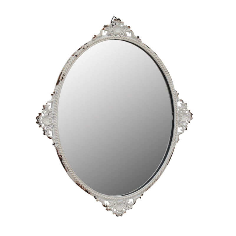 Oval Metal Mirror with Distressed White Finish and Shell Motifs