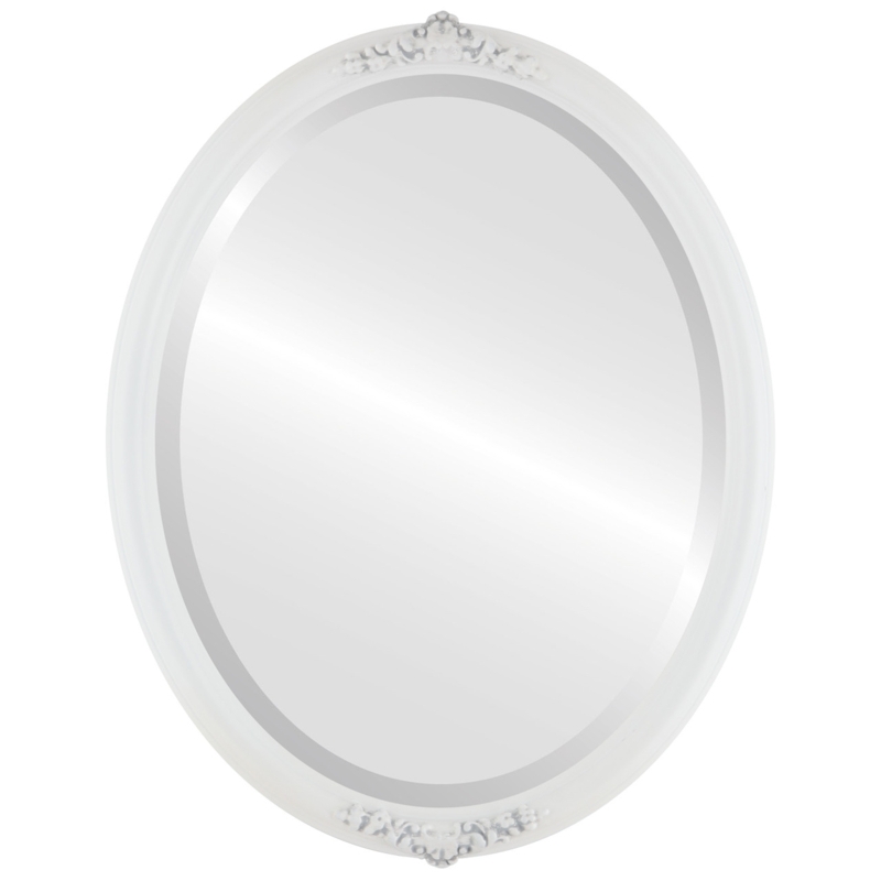Oval Mirror in Linen White Finish with Decorative Carvings