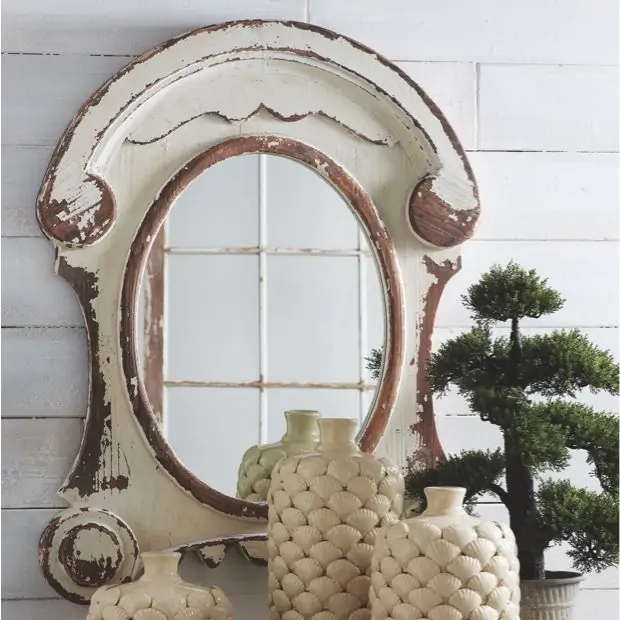 Oval Mirror with Architectural Crown and Heavily Distressed Finish