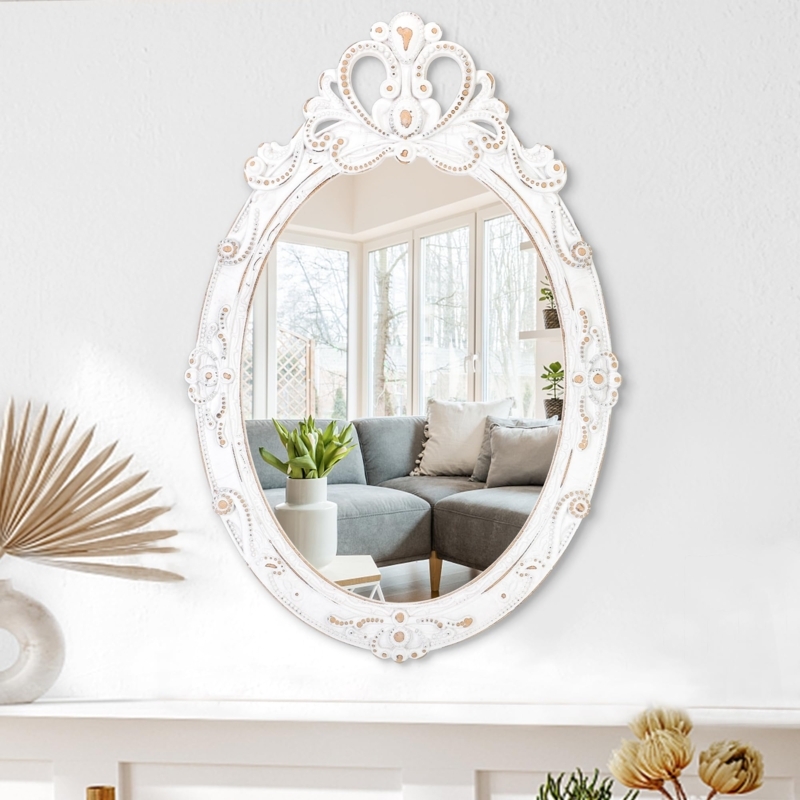 Oval Mirror with Distressed Scrollwork Crown and Beaded Trim