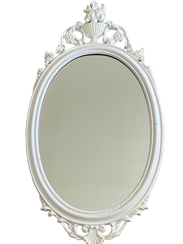 Oval Mirror with Floral Crest and Beaded Trim, Victorian Style