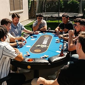 Oval Poker Table with Blue Playing Surface and Padded Armrest