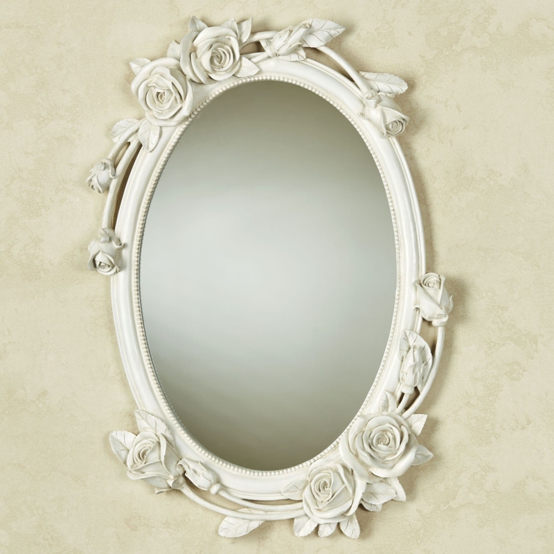 Oval Wall Mirror featuring Dimensional Roses and Antique White Finish