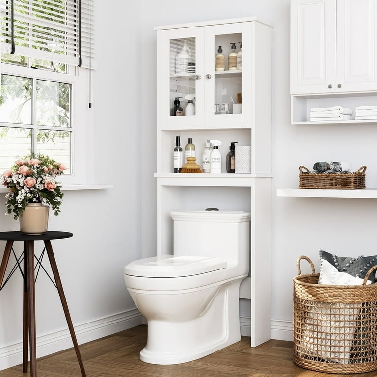 Over-The-Toilet Cabinet: White with Tempered Glass Doors & Open Shelf