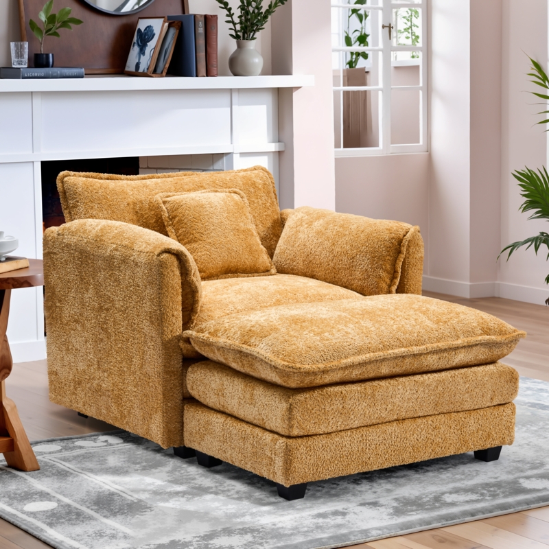Oversized Accent Chair Mustard Yellow Chenille with Matching Ottoman