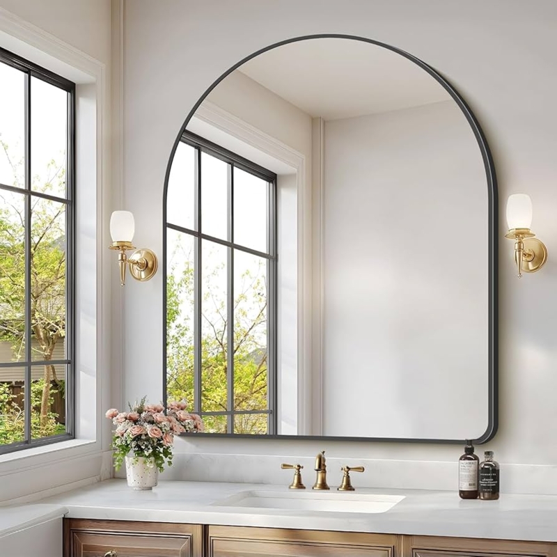 Oversized Arched Wall Mirror with Thin Frame for Transitional Vanity