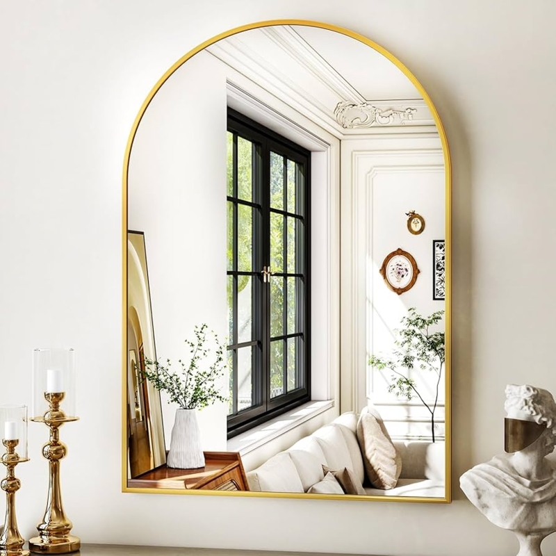 Oversized Arched Wall Mirror with Thin Gold Frame Minimalist Silhouette