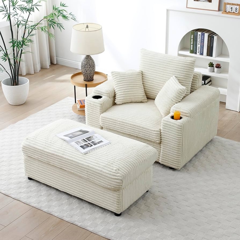 Oversized Armchair And Ottoman with Cup Holders; Ribbed Beige Reading Chair