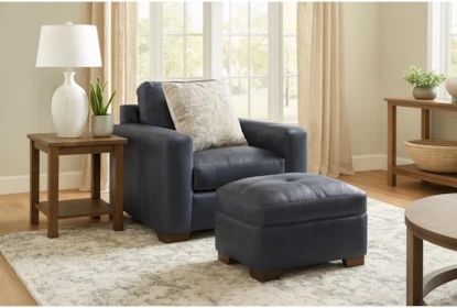 Oversized Armchair Set Navy Leather Wide Track Arms; Transitional Living