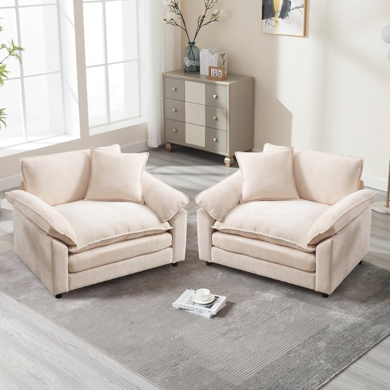 Oversized Armchair Thick Seat Cushion; Deep Seating Beige Accent Chairs