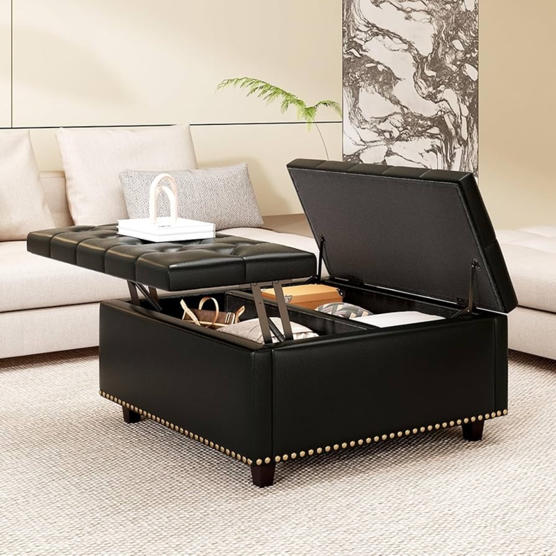 Oversized Black Lift-Top Storage Ottoman with Nailhead Trim and Tufting