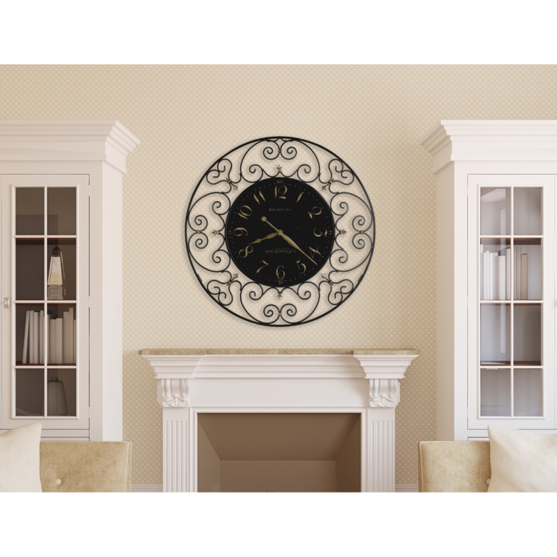 Oversized Black Scrollwork Wall Clock with Gold Arabic Numerals