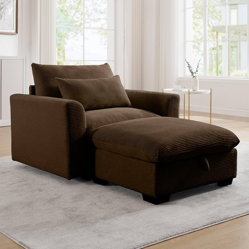 Oversized Corduroy Chaise Lounge with Storage Ottoman and Track Arms