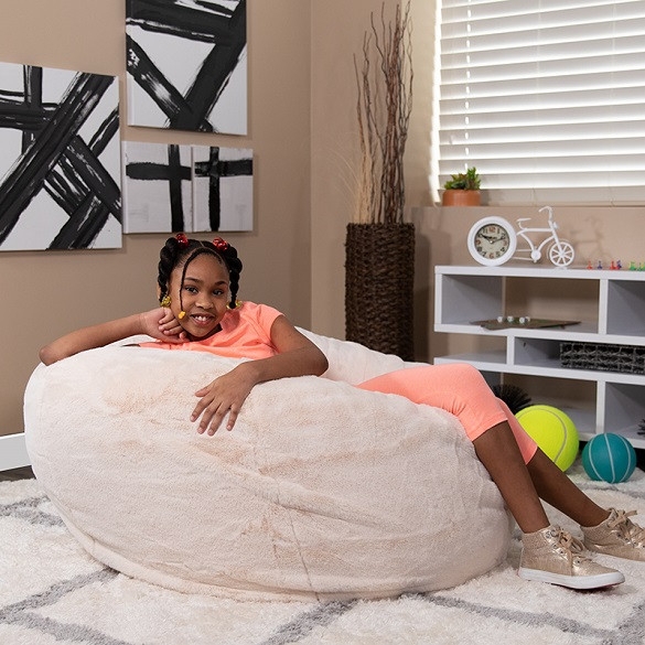 Oversized Plush Bean Bag Chair, Creamy White Faux Fur Round Seating